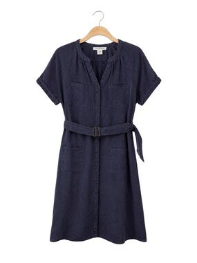 Lucky Brand Linen Lyocell Shirt Dress Blue Belted Utility Pockets Medium Travel